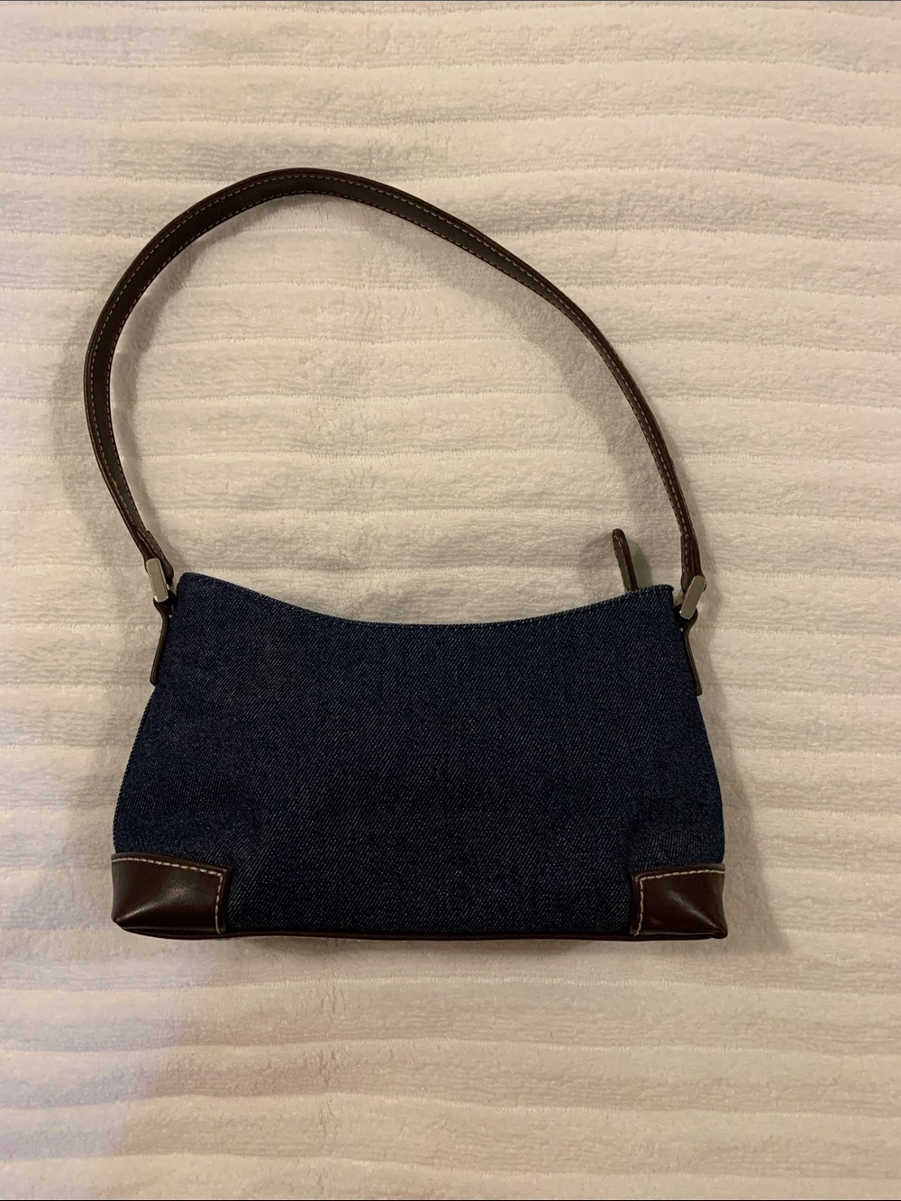 Denim Shoulder Bag with Brown Leather Trimโโ